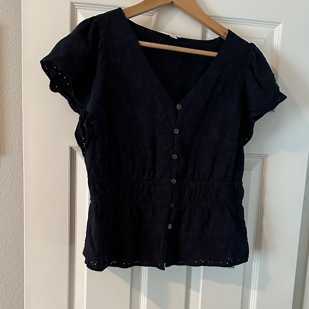 Time and Tru Navy Eyelet Button-Up Blouse